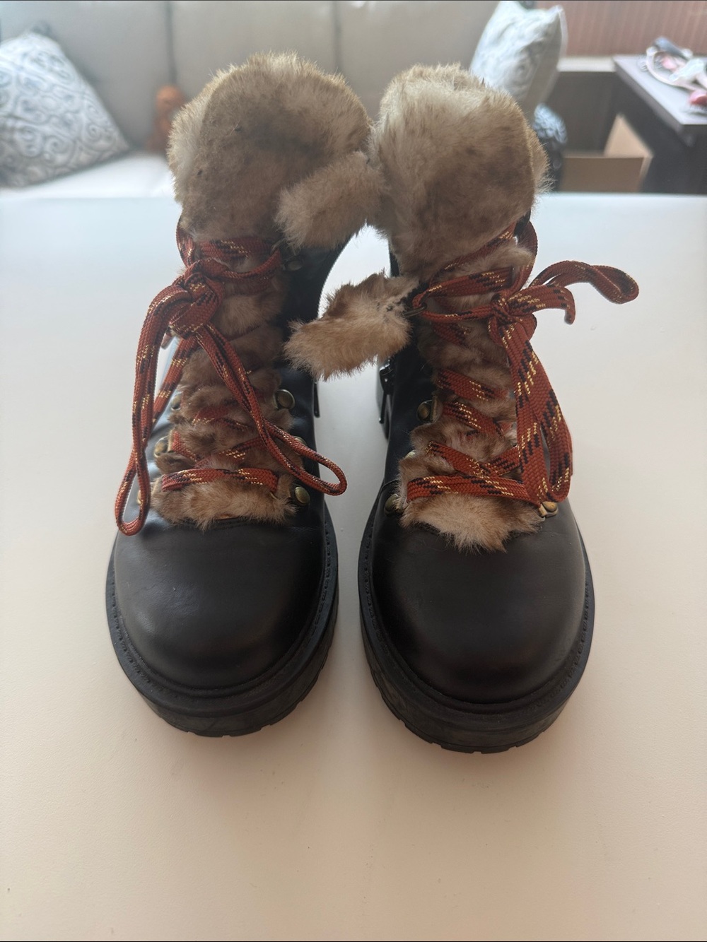 American Eagle Outfitters Black Leather Lace-Up Ankle Boots with Brown Fur Trim